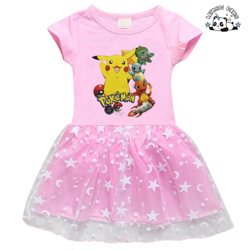 LEZONKIDS - Camiseta personalizada para meninas com estampa de desenho animado & vestido de tule com estampa de estrela lunar para verão